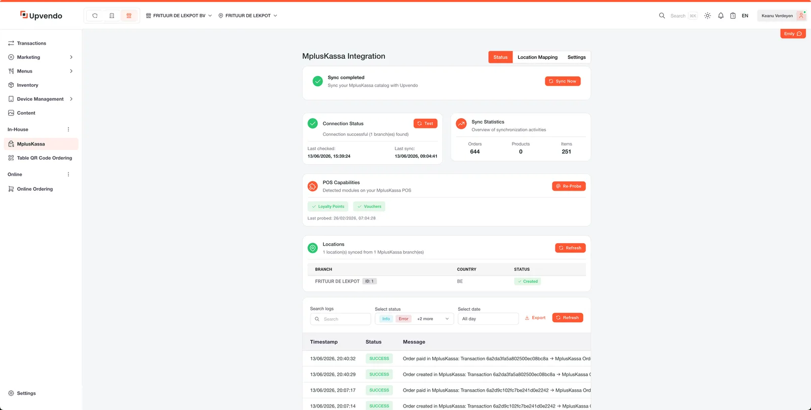 MplusKassa integration in the Upvendo backoffice with sync status and locations