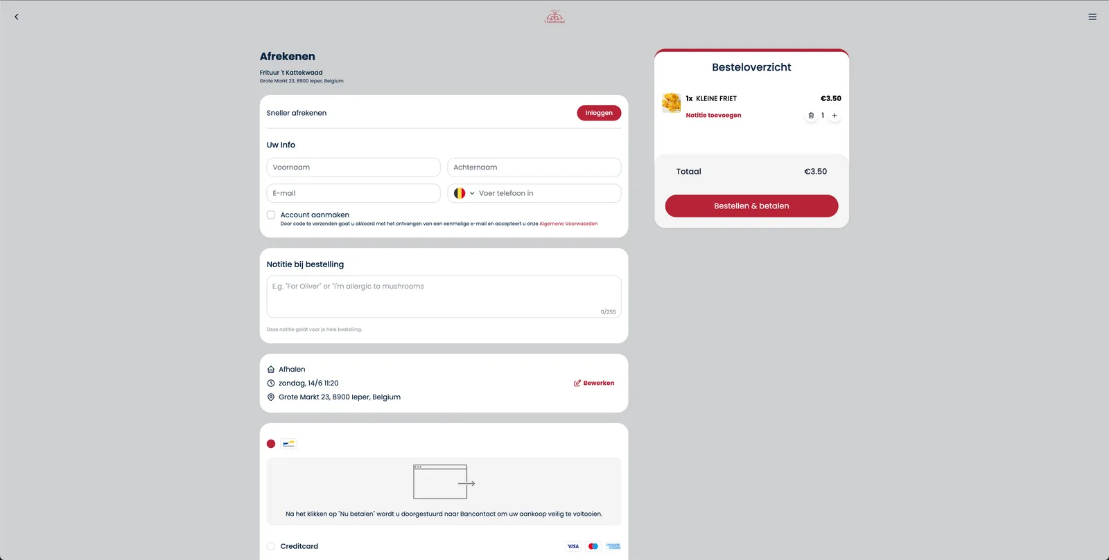 Afrekenen met besteloverzicht en Bancontact