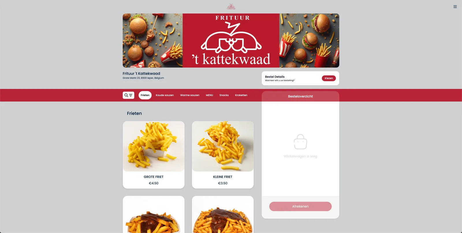 Online bestelmenu van een frituur op desktop
