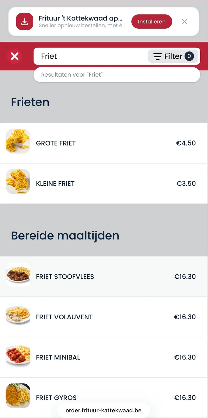 Mobiele bestel-app met zoeken in het menu